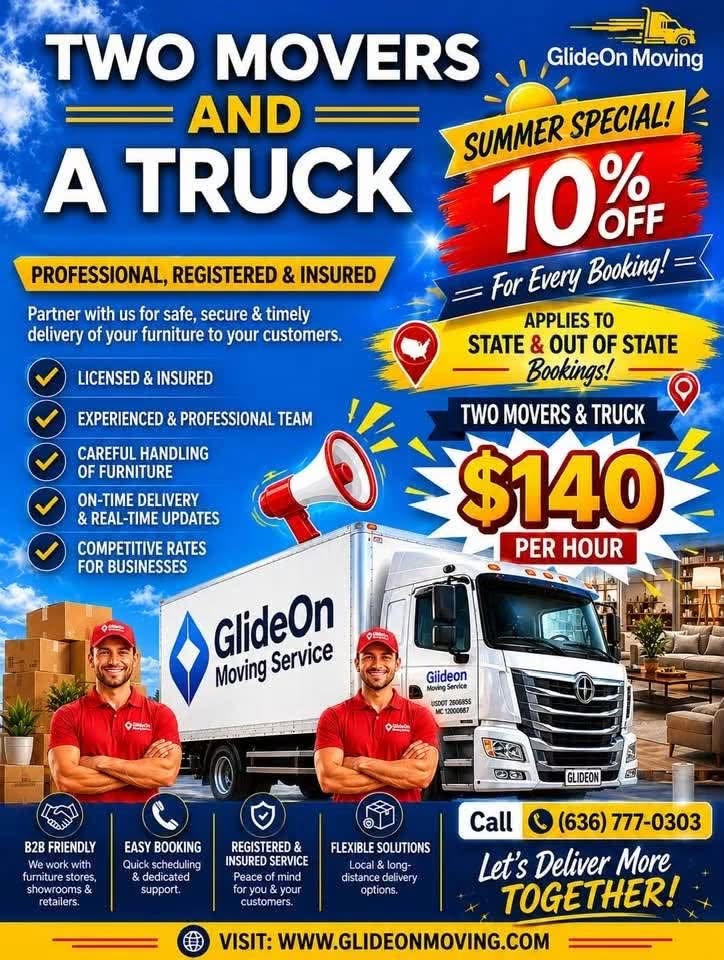 GlideOn Moving Service — Two Movers and a Truck, $140 per hour